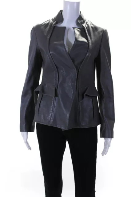 Valentino Womens Leather Button Down Closure Jacket Gray Size 8