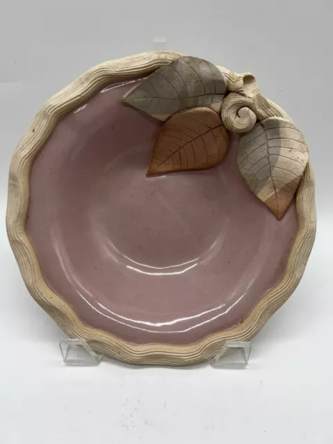 Vintage Studio Art Pottery Bowl Applied Leaves Majolica Pink Centerpiece