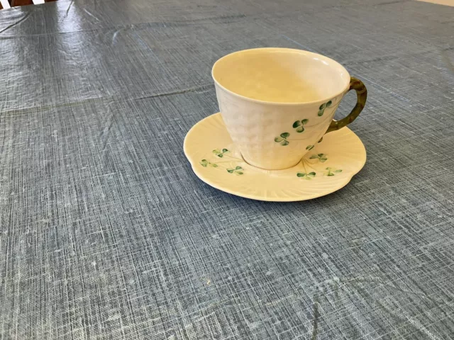 BELLEEK Ireland Cup & Saucer Shamrock Clover Basketweave Vintage Irish Teacup