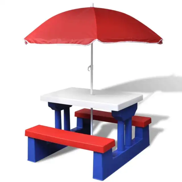 Mesa de picnic y bancos para niños sombrilla multicolor vidaXL