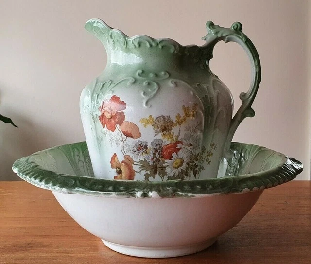 Vintage Wooden Salad Bowl Set ANTIQUE LARGE JUG And Bowl Wash Basin Set  Semi Porcelain Wood, image size:640x543