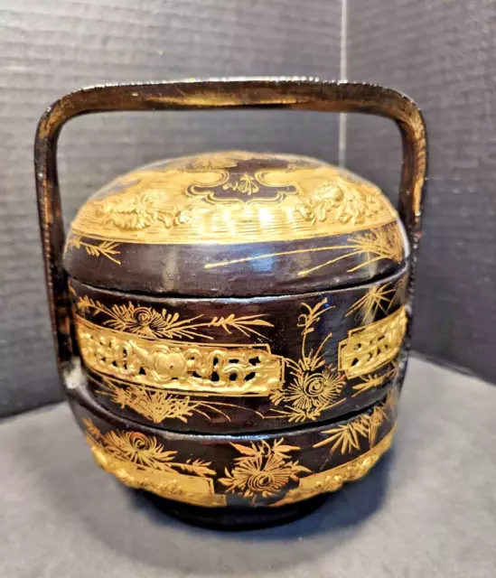 Antique Chinese Wedding Basket Tiffin Black Lacquer Hand Painted Gold