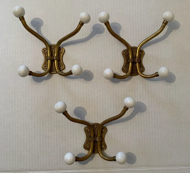 Vintage Brass Hook with 4 Porcelain Knobs Wall Mount Coat Hat Hanger