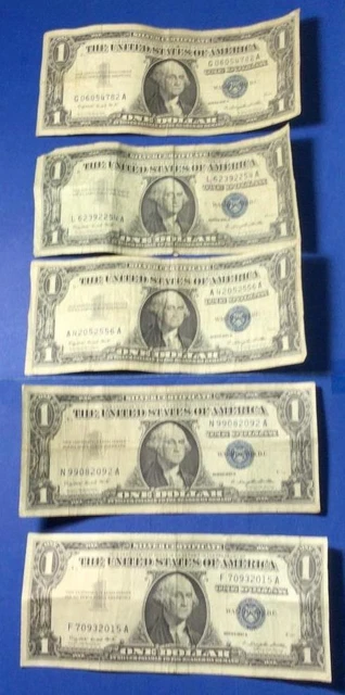 1957-1957B $1 Blue SILVER Certificates! X4782 Set of 5! Lower Grade! Currency!