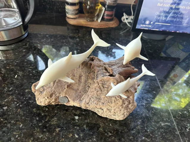 John Perry Resin/Burlwood Sculpture/Figurine - 3 Dolphins
