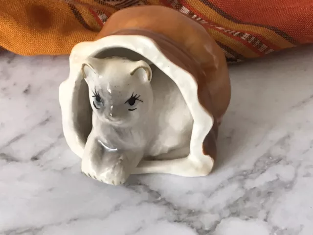 Hand Painted White Ceramic Cat In Cat Cave Figurine Collectable Cat Figurine