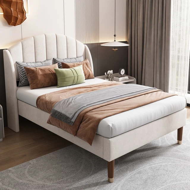 SINGLE BED UPHOLSTERED Platform Bed Frame with Headboard Wood Slats ...