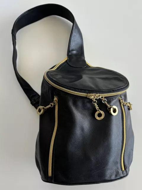 PERLINA New York Soft Black Leather Circular Crossbody Shoulder Purse Handbag