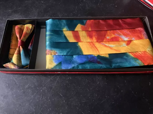 Vintage Lord West Embassy 90’S Cummerbund Bow Tie Set Rainbow Abstract