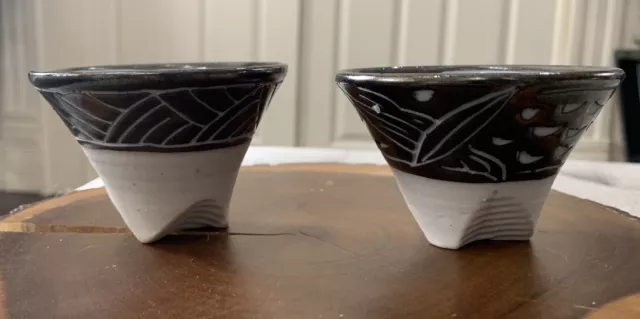 Studio Handmade Signed Sake Or Tea Cups Set Of 2 Metallic Accent Glaze OOAK