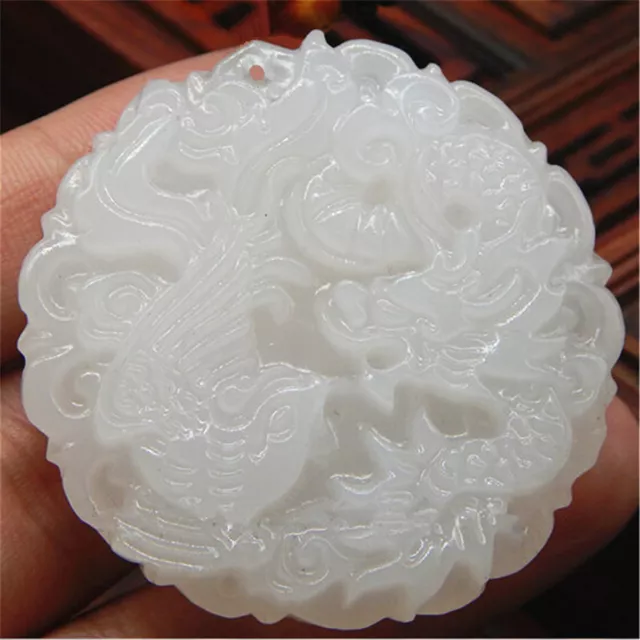 Blanc chinois Jade naturel sculpté la main pendentif Dragon & Phoenix amulette
