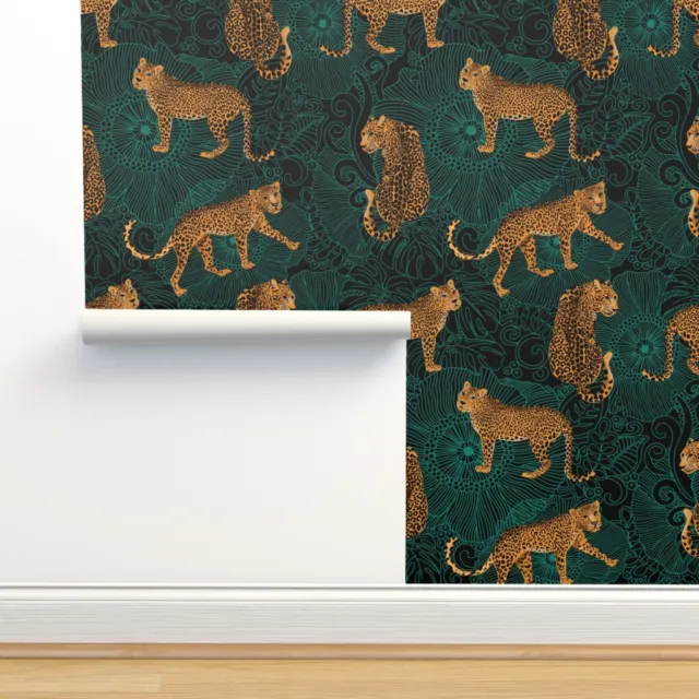 Removable Water-Activated Wallpaper Leopard Exotic Jungle Black Green Animal
