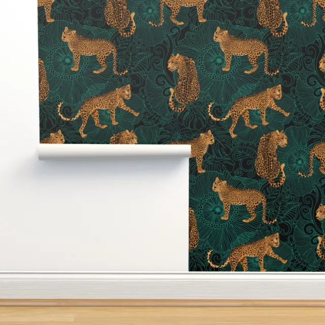 Removable Water-Activated Wallpaper Leopard Exotic Jungle Black Green Animal