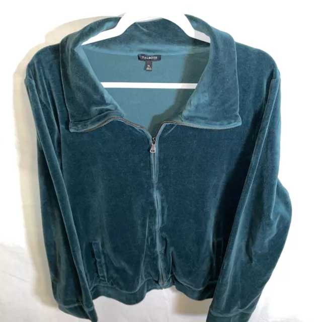 Talbots Running Jacket Women’s Size XL Green Teal Velvet Zip Front Long Sleeve