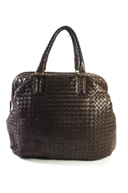 Bottega Veneta Womens Hinged Frame Intrecciato Leather Tote Handbag Dark Brown