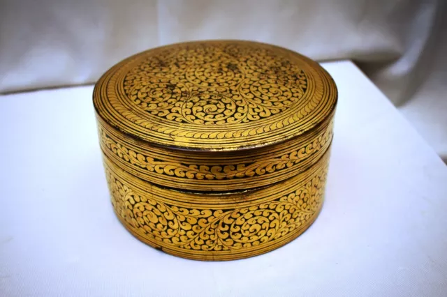 Antique Burmese Betel Nut Box Gilt Lacquerware Myanmar Floral Gold Painted Old"5 4