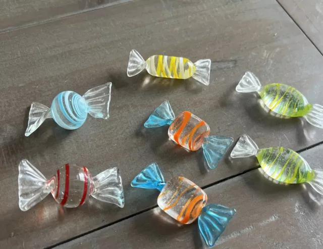 Art Glass Wrapped Candies Vintage Murano Style Christmas Decoration, Set Of  7