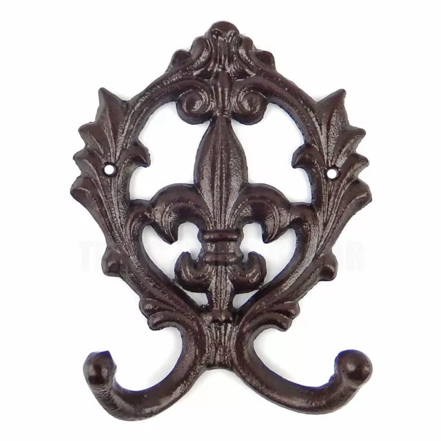 Fleur De Lis Scroll Double Wall Hooks Coat Rack Key Towel Brown Cast Iron 6.5"