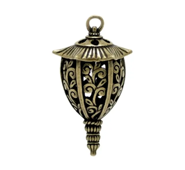 2 Oriental Lantern Pendants 3D Hollow Filigree Scroll Antiqued Bronze Bead Drops