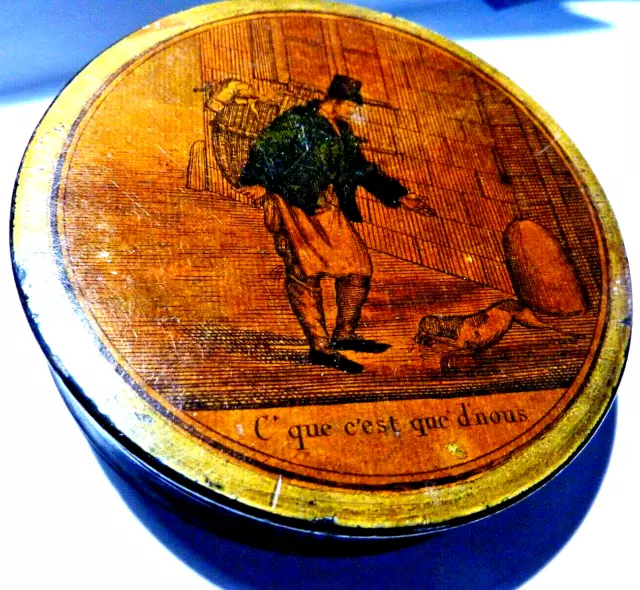 Antique Georgian French Papier Mache Snuff Box with a Picture lid 'Man and Dog'