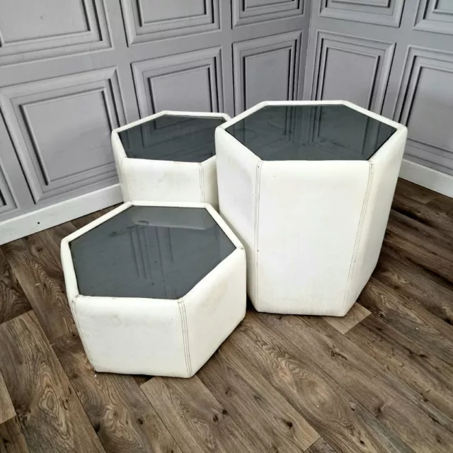 Vintage Mid Century Modern Set Of 3 Tables White Leather Hexagonal Smoked Glass