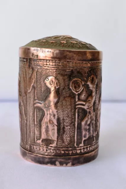 Antique Burmese Betel Box Canister Cylindrical Copper Embossed Figurine Elepha"F 3