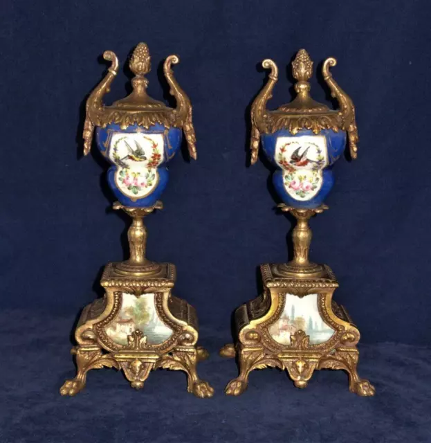 Vintage French Bird & Pink Roses Blue & Gold Pair of Porcelain & Brass Urns, 12"
