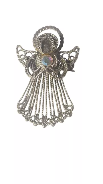 Vintage Silver Tone Aurora Borealis Rhinestone Angel Pin Brooch