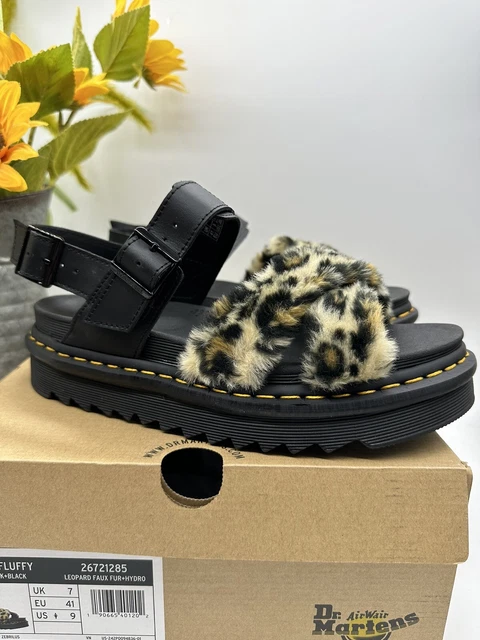 Dr. Martens VOSS II Fluffy Faux Fur Leather Sandals Tan/Black +Black Sz 9