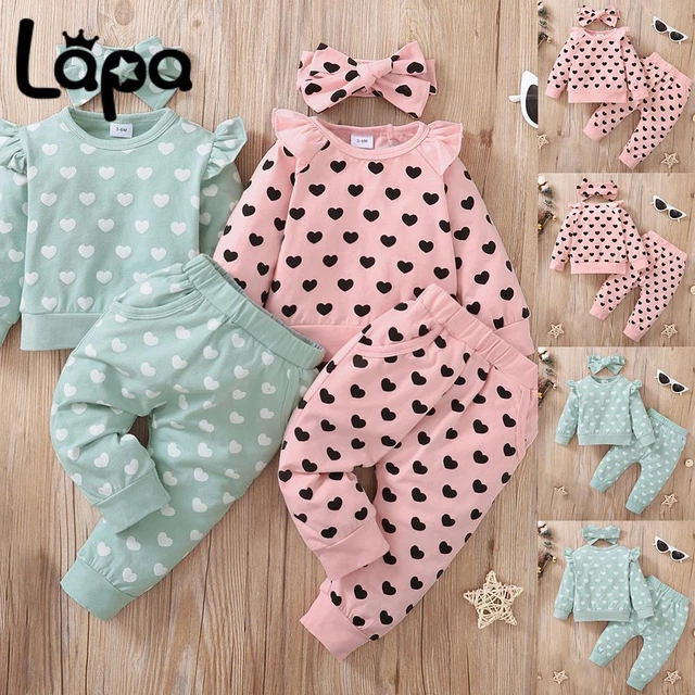Kids Baby Girl Heart Ruffle Romper Tops Pants Headband Set Infant Outfit Clothes