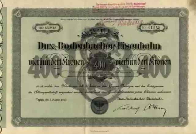 Eisenbahn DUX Bodenbach Teplitz Falkenau 1920 TOP Aktie 400 Kronen Triebschitz