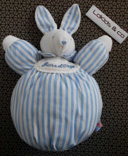 DOUDOU PELUCHE VINTAGE SUCRE D'ORGE LAPIN BOULE BLANC RAYE BLEU 25 cm D1487