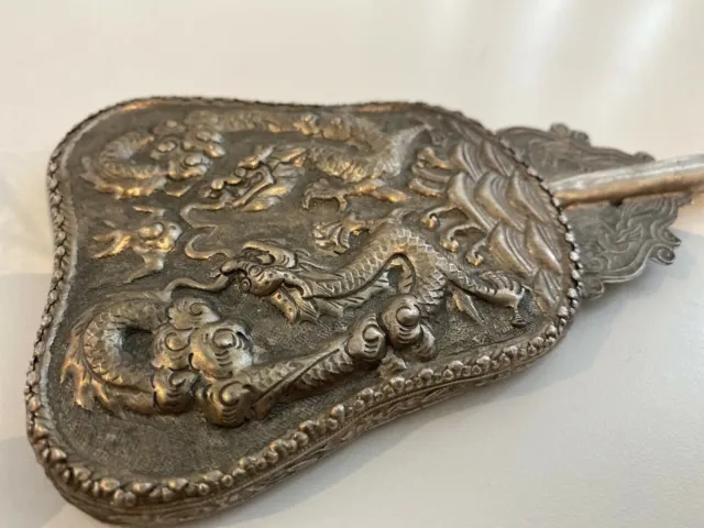 Antique Silver Plated Hand Mirror - Dancing Dragons Design Victorian era 2