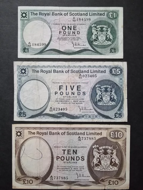 The Royal Bank Of Scotland Pounds 1973 - 1978 £1 £5 £10 Banknotes GB UK 3 NOTES