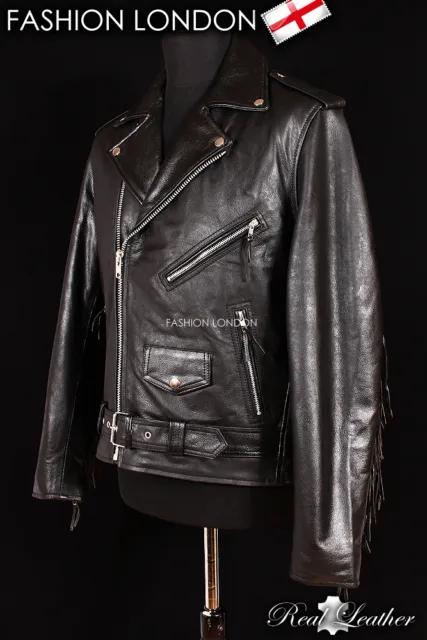 BRANDO FRINGED Cowhide Leather Jacket Black Men's Motorcycle Motorbike Jacket