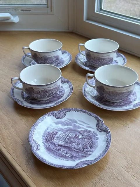 Johnson Brothers Old Britain Castles Purple 4 Coffee Cups And 5 Saucers