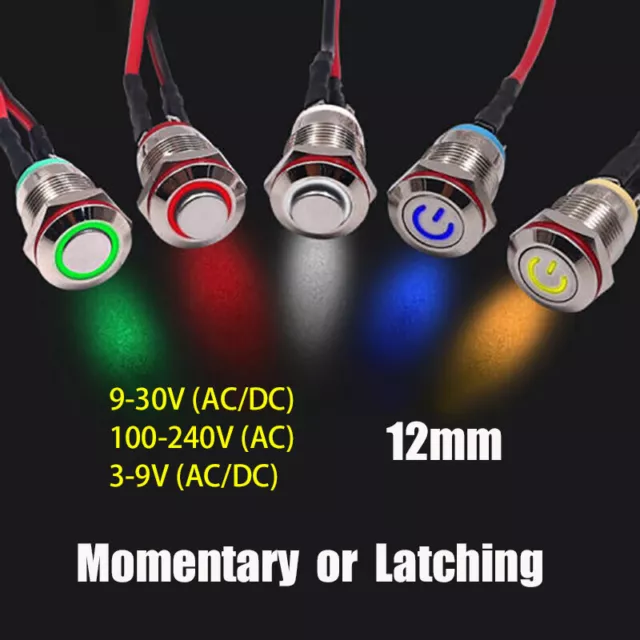 Pulsante illuminato 12 mm LED momentaneo o agganciato AC/DC impermeabile