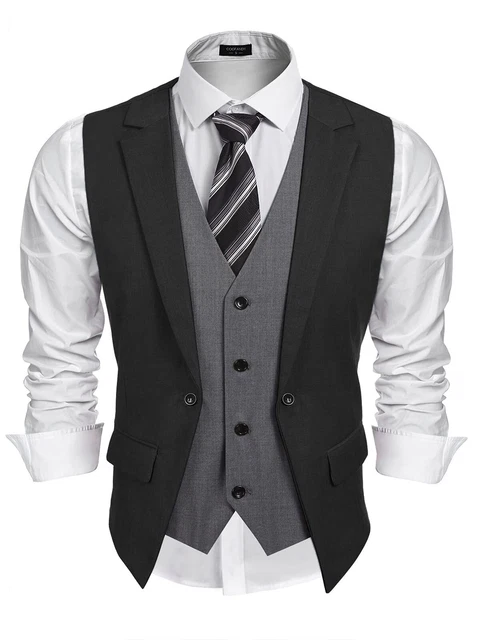 Mens Formal Fashion Vest Layered Waistcoat Business Dress Suit X-Large Grey