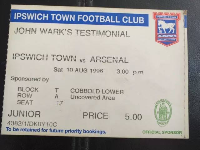 Ipswich Town V Arsenal  John Wark Testimonial  10/8/96 Ticket