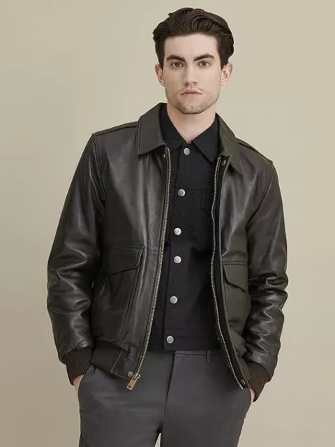 CHARMSHILP Bomber Chaqueta de Cuero Genuino Negro Hombre Estilo Motero Biker