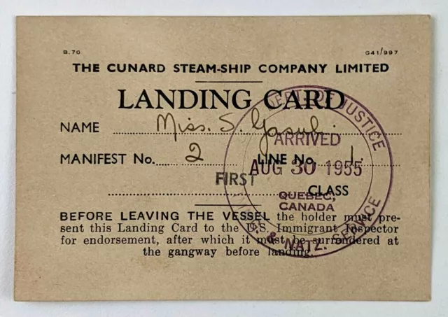 Cunard Steamship Company Vintage Landing Card First Class 1955 Quebec Canada