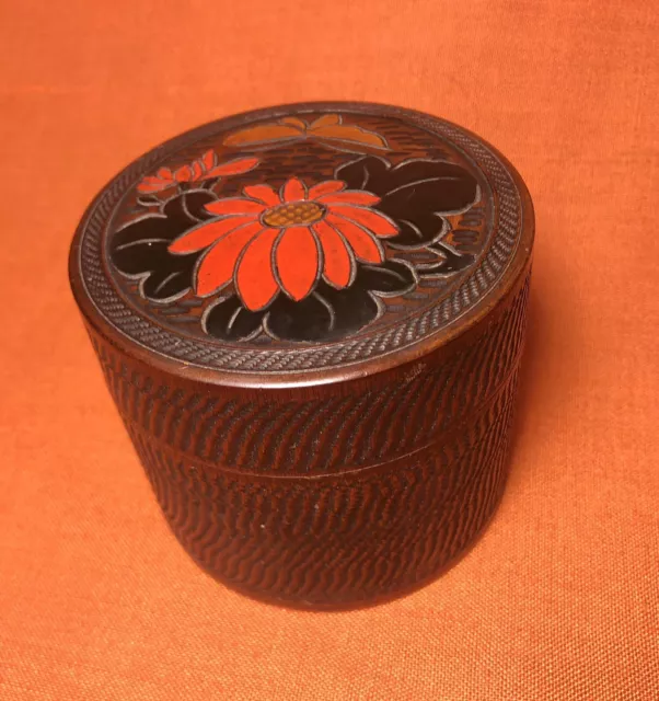 Antique 1920s Japanese Hand Carved Painted Box & 6 Coaster Set Floral Flowers