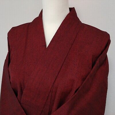 Woman Japanese Kimono Komon Wool Synthetic Tsumugi Plain Black Red