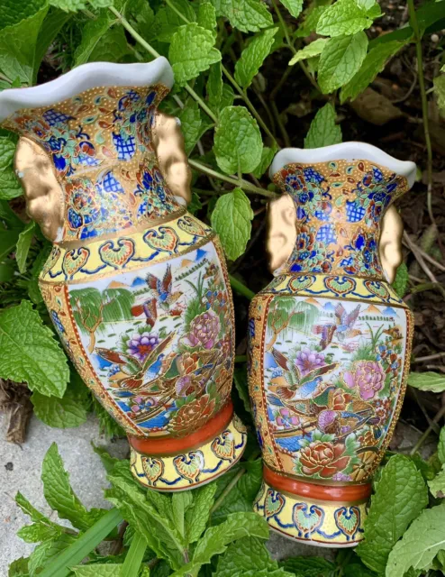 Pair Of 2 Vintage Oriental Vases Asian Decor Japanese Chinese