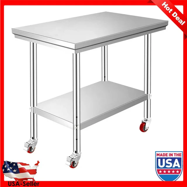 Stainless Steel Commercial Kitchen Work Table 4 Casters Adjustable Undershelf