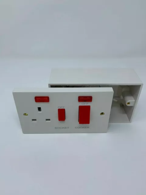 45 Amp White Cooker Switch & Socket with Neons Double Pole Oven Electric 2 Gang