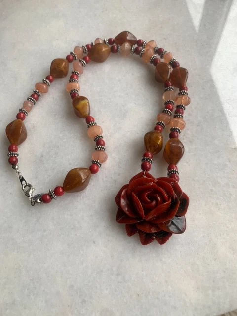Premier Designs Silver Tone Necklace Red Rose Pendant Brown Red Pink Beads 24"