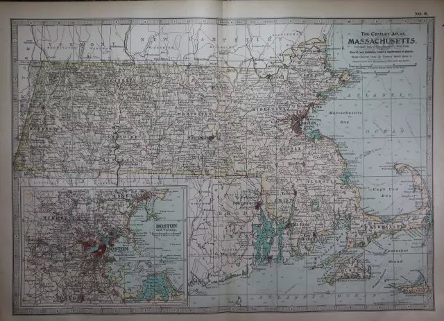 Old 1897 Century Atlas Map ~ MASSACHUSETTS ~(12x18) ~ Free S&H #240