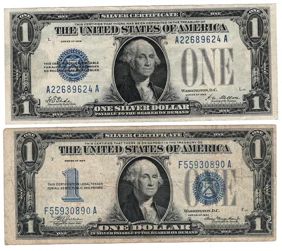 1928 A & 1934 Funny Back Silver Certificates Both offset Errors