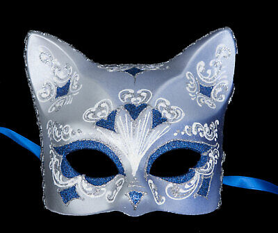 Mask from Venice Cat Silver Florale Heart Blue Painted Handmade Italy 22641